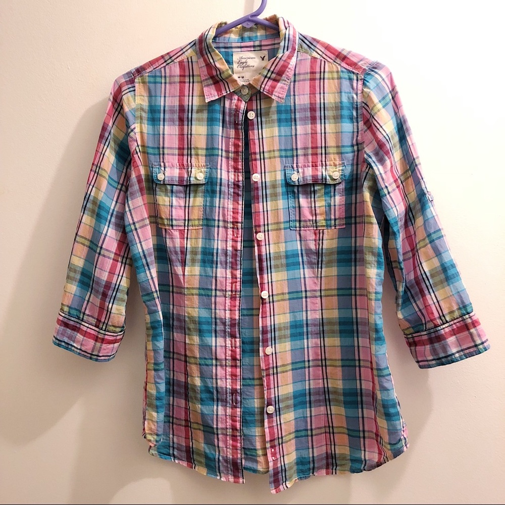 American Eagle button down 3/4 sleeve pastel